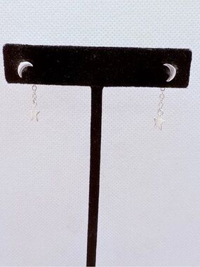 Delicate Crescent Moon Dangling Star Backing Earrings Sterling Silver 925 1/2”